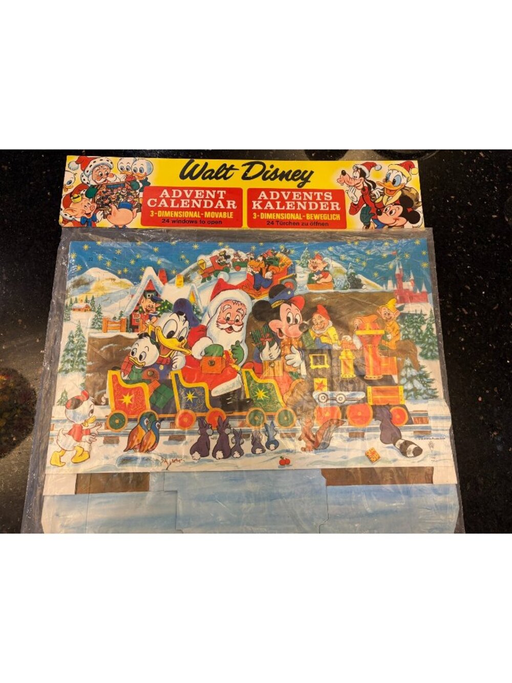 Vintage Disney Christmas Train Advent Calendar Mickey 7 DWARFS Santa NOS Large